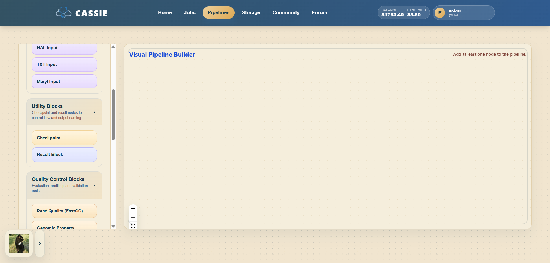 Creating a new pipeline in the CASSIE builder