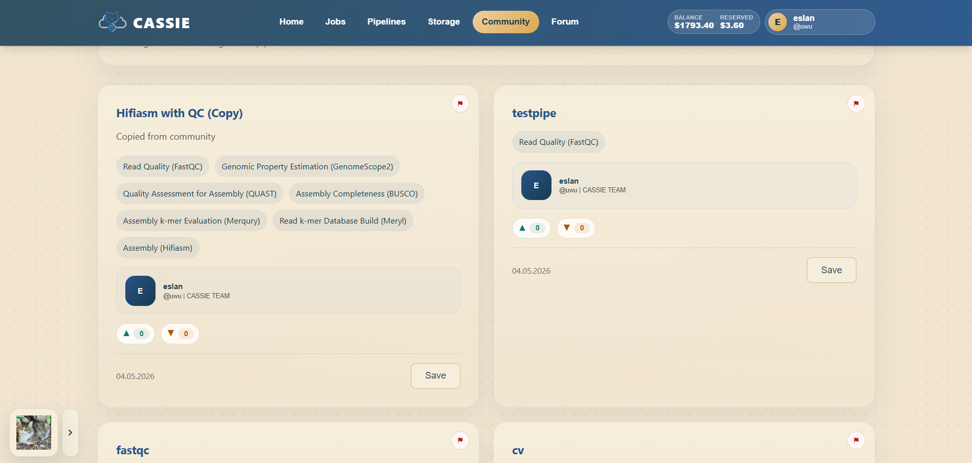 Community page with shared pipelines in CASSIE