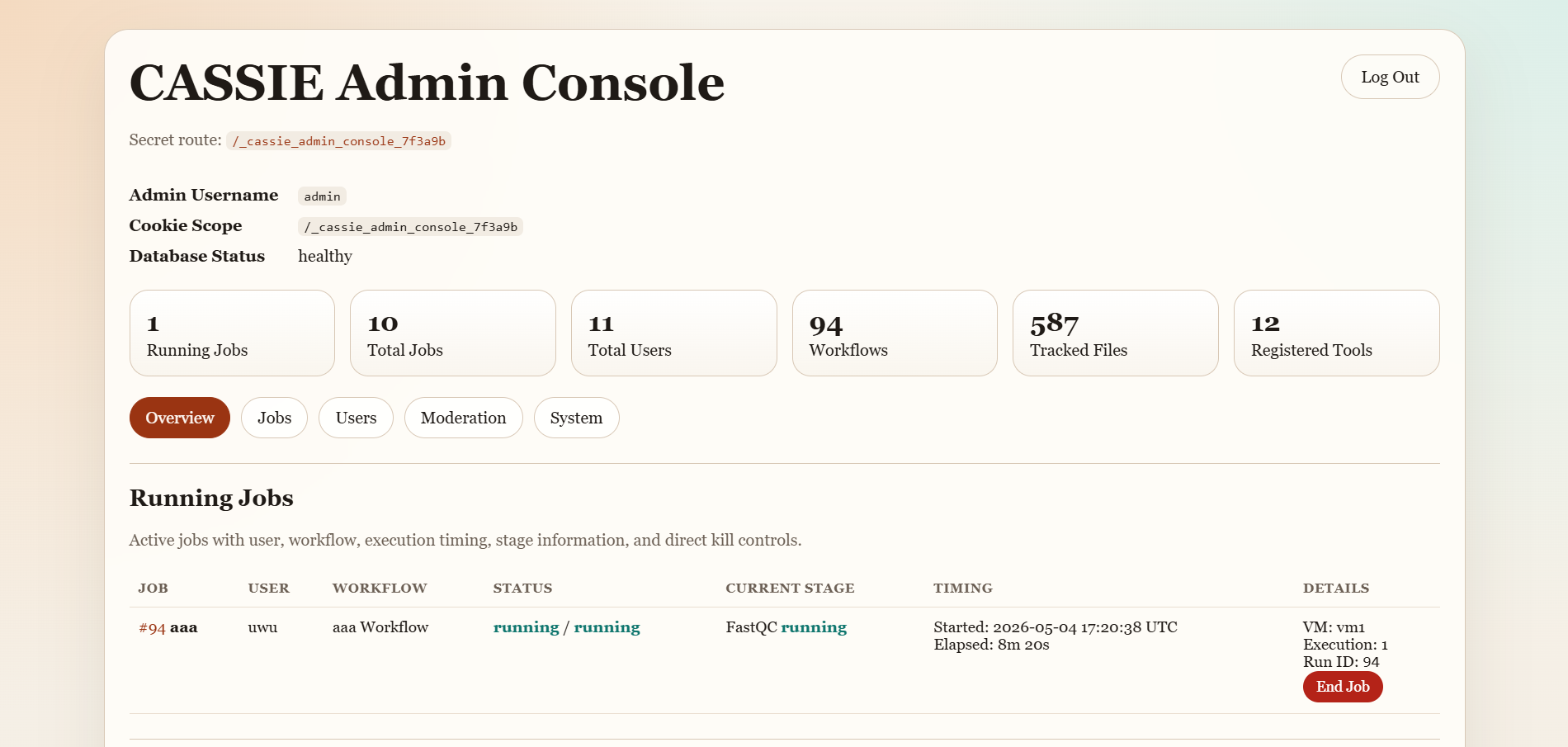 CASSIE admin console overview